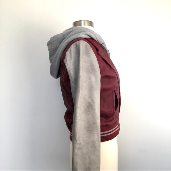 Faux Leather Moto Bomber Jacket Hoodie Red Grey - Picture 5 of 10